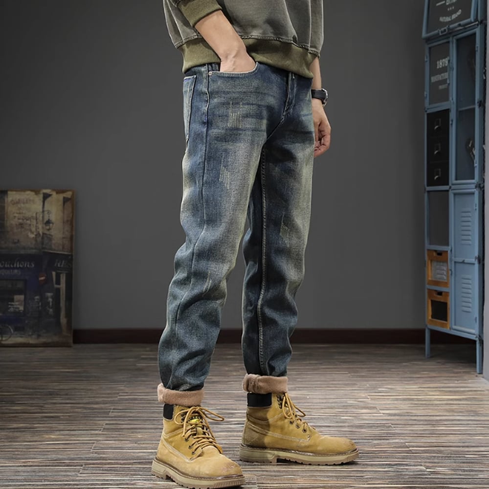 Brushed lining straight denim pants HL2308