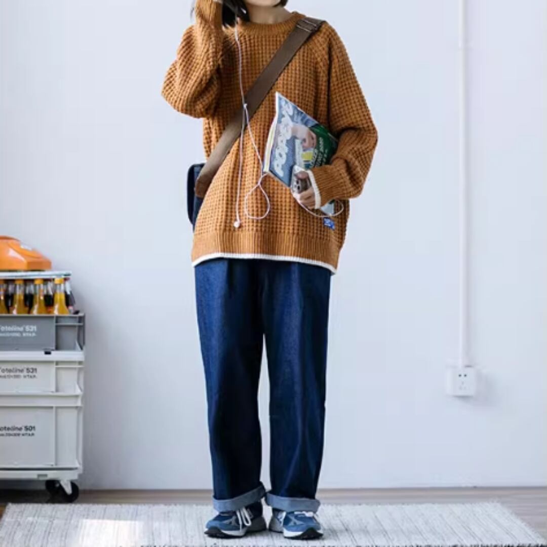 フェイクレイヤードワッフルニットトップス HL1979