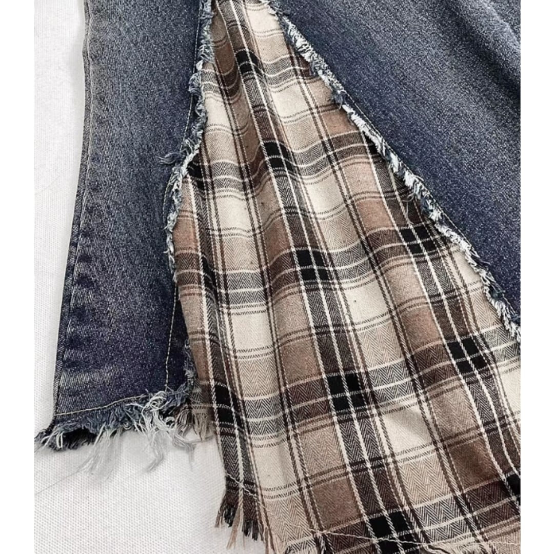 Denim & check long skirt E7024