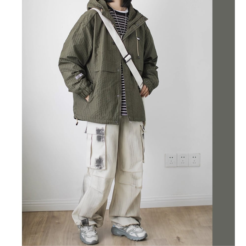 Check pattern hooded jacket HL2386
