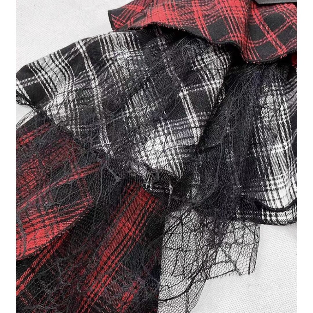 Irregular hem check miniskirt E7016