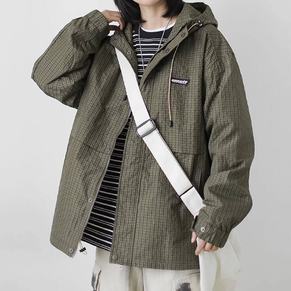 Check pattern hooded jacket HL2386