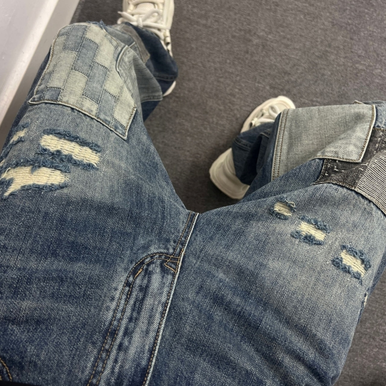 Damaged design denim jeans D0093