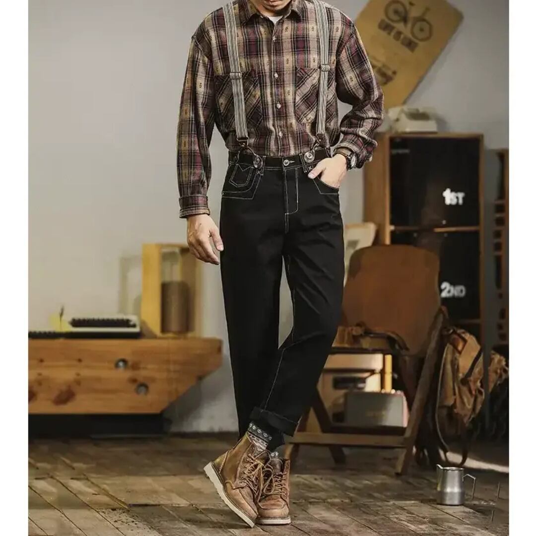 サスペンダー付きステッチデニムパンツ HL1976