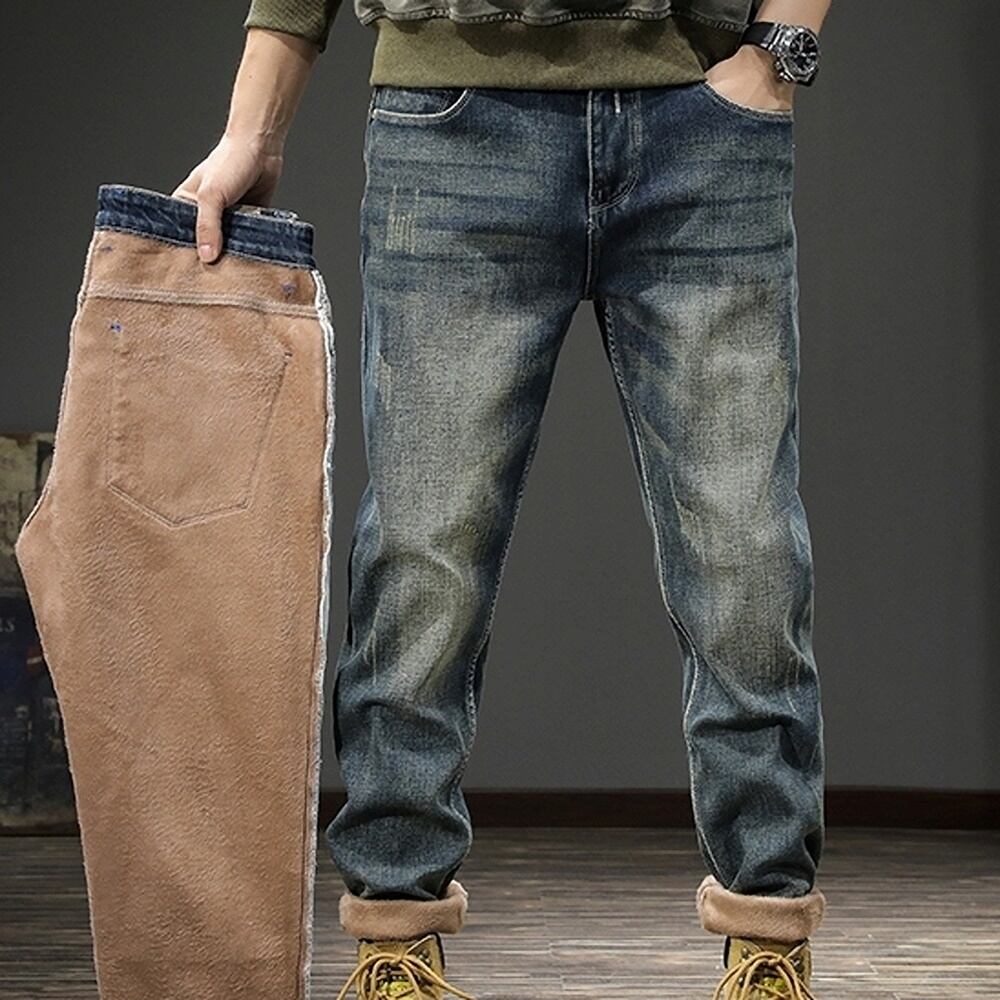 Brushed lining straight denim pants HL2308