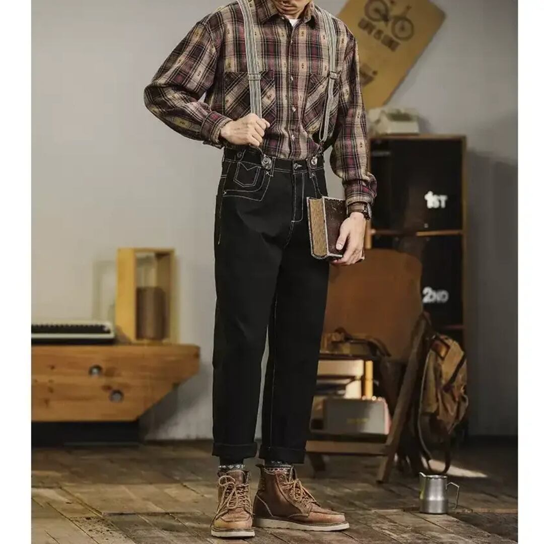 サスペンダー付きステッチデニムパンツ HL1976
