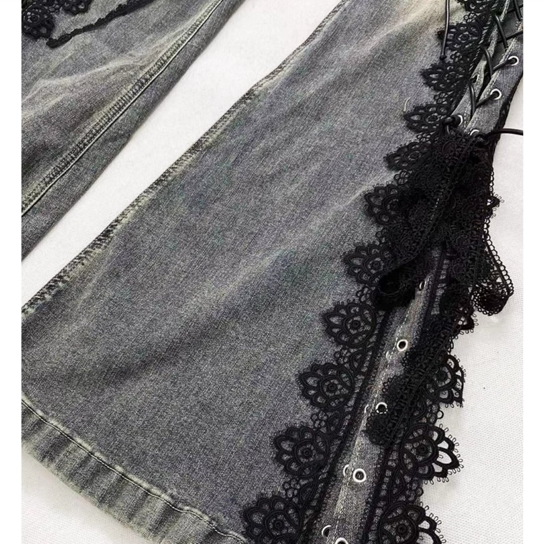 Side lace up flare denim jeans E7003