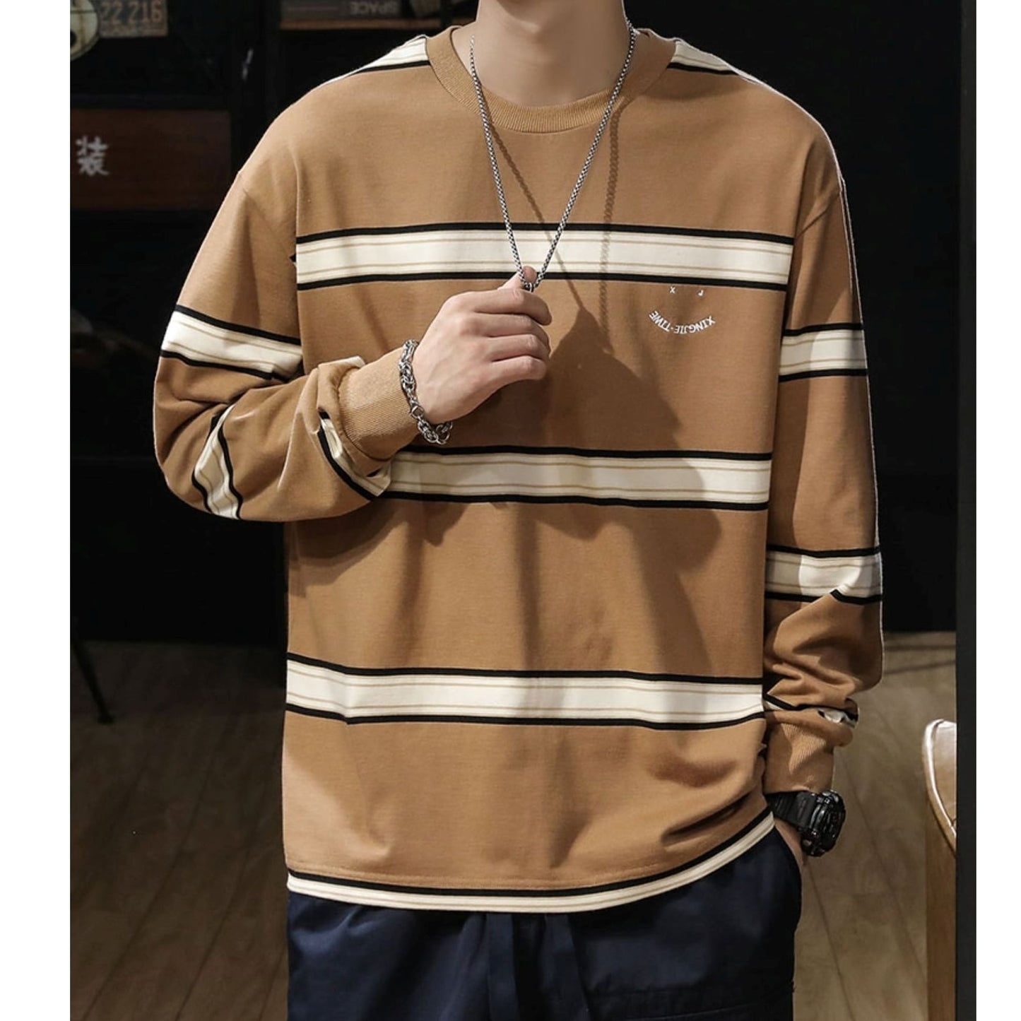 Big size round neck border T-shirt HL2222