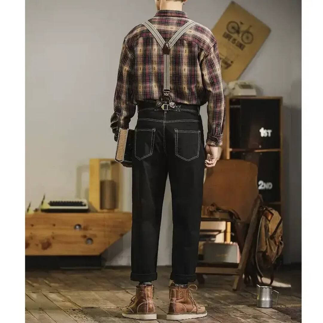 サスペンダー付きステッチデニムパンツ HL1976