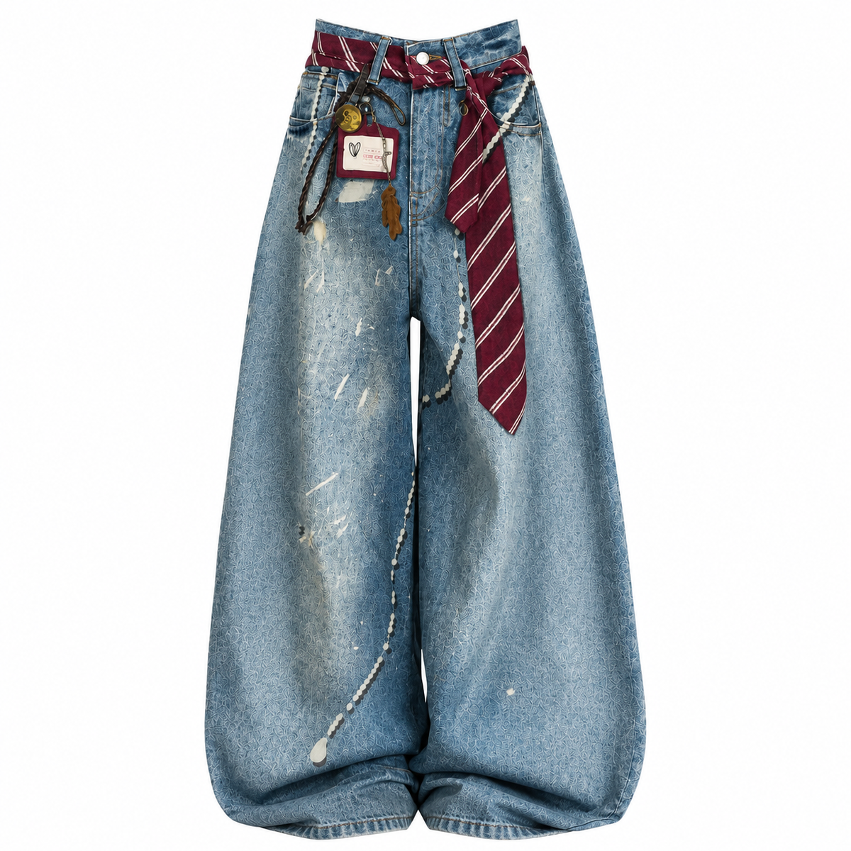 Tie pattern printed wide denim jeans D0178