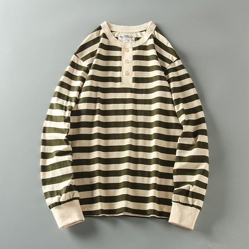 Henley neck wide border long sleeve T-shirt HL2146