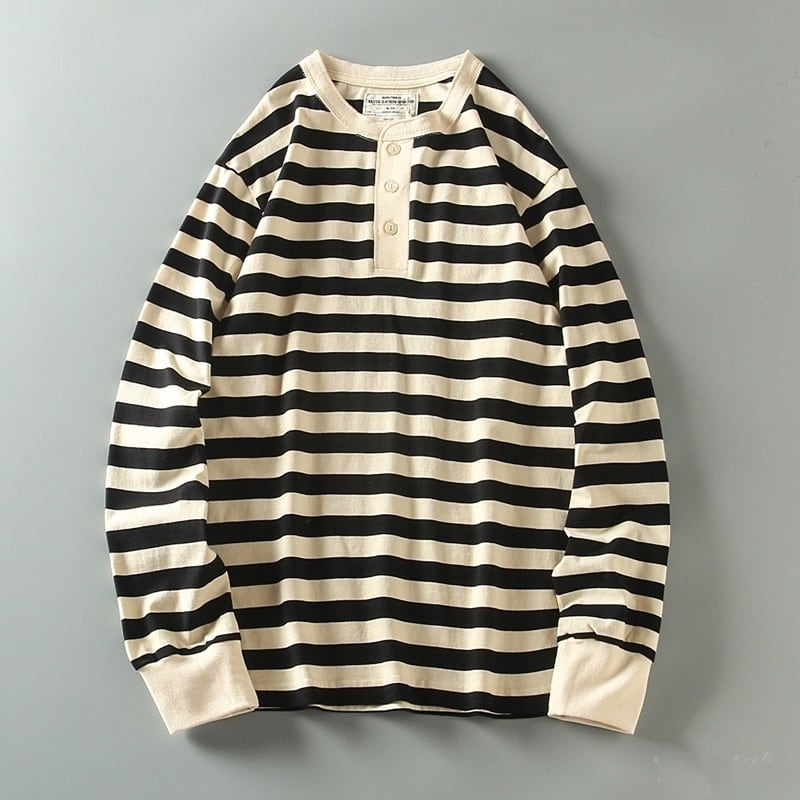 Henley neck wide border long sleeve T-shirt HL2146