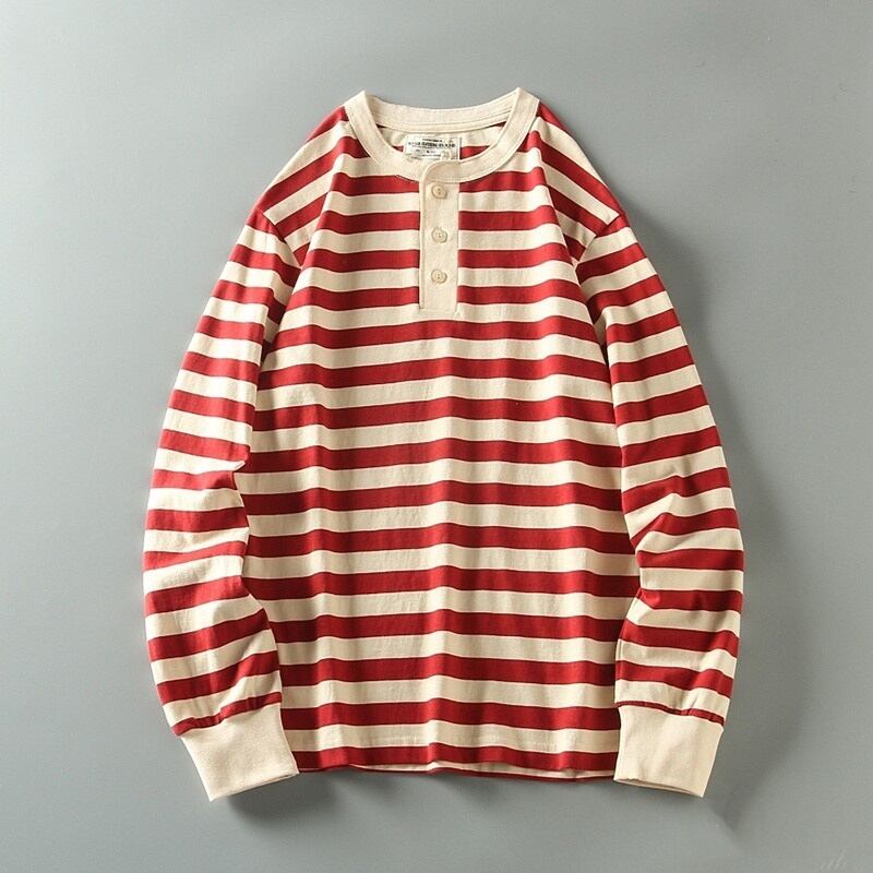 Henley neck wide border long sleeve T-shirt HL2146
