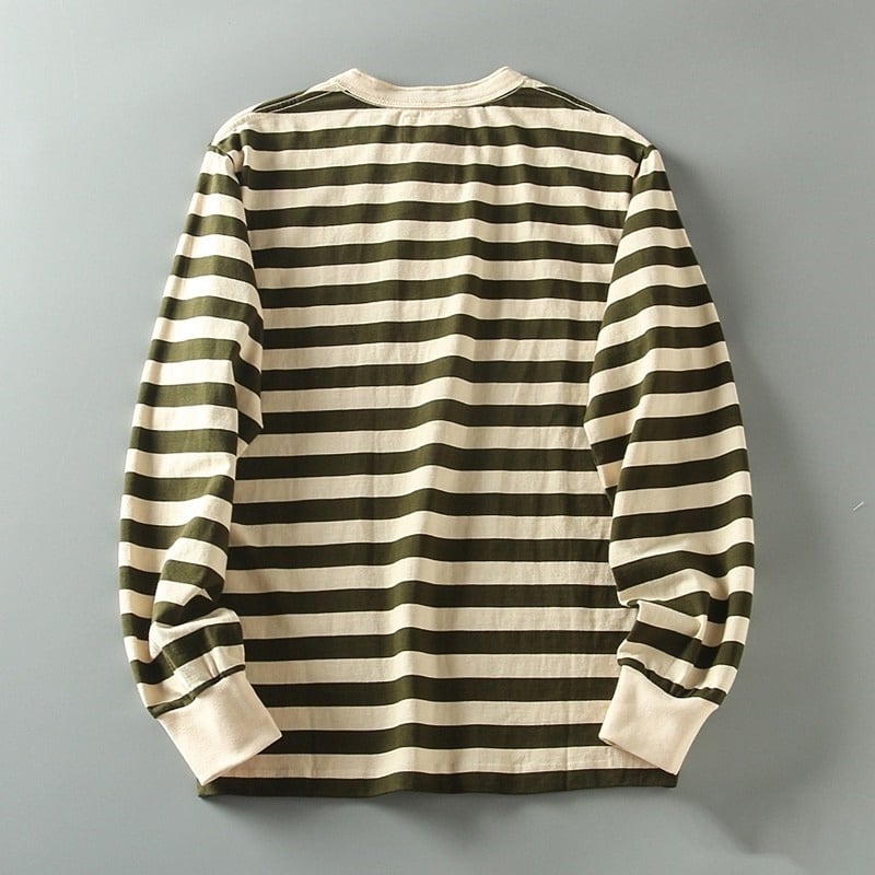 Henley neck wide border long sleeve T-shirt HL2146