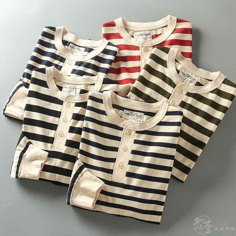 Henley neck wide border long sleeve T-shirt HL2146