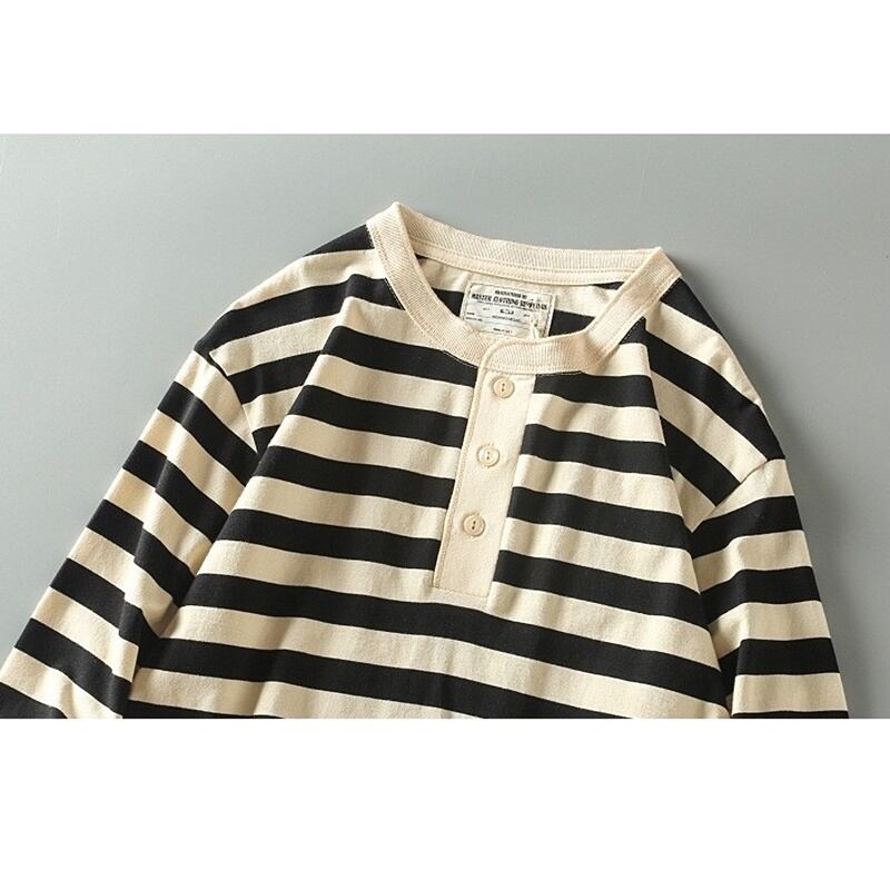 Henley neck wide border long sleeve T-shirt HL2146