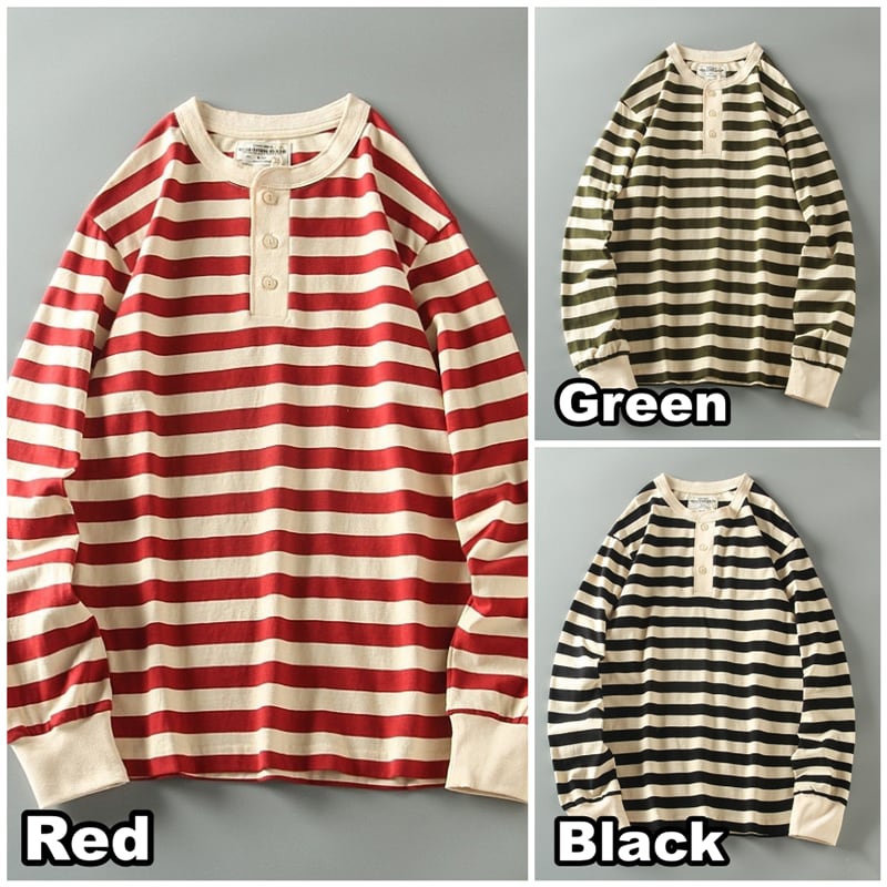 Henley neck wide border long sleeve T-shirt HL2146