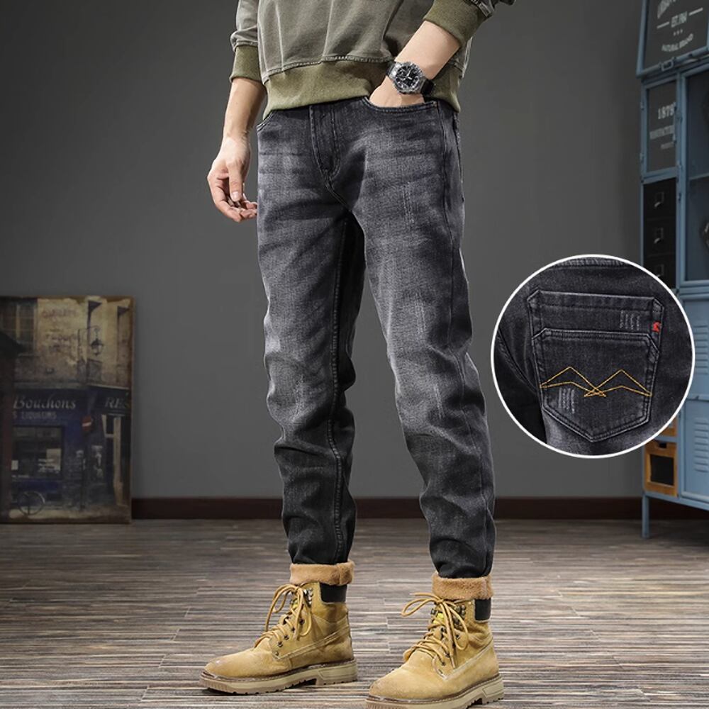Brushed lining straight denim pants HL2308