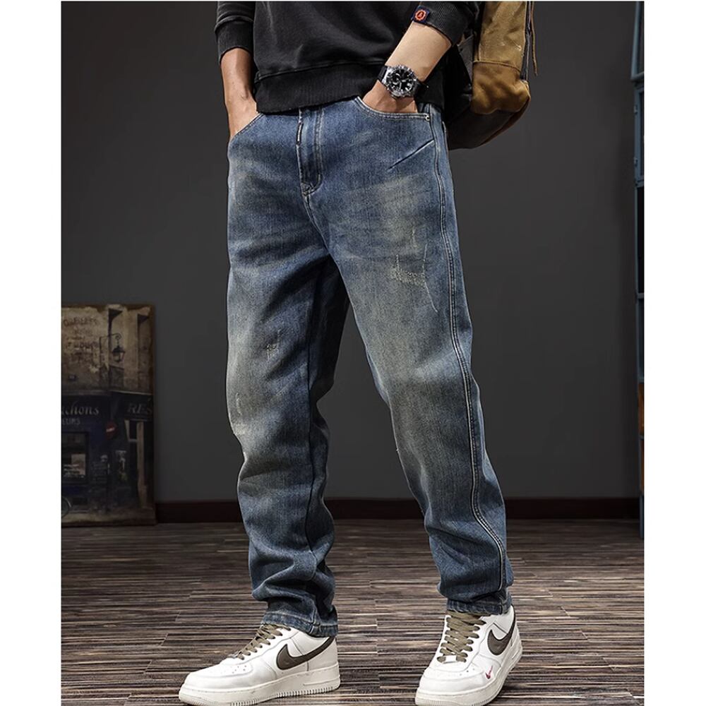 Brushed lining straight denim pants HL2307