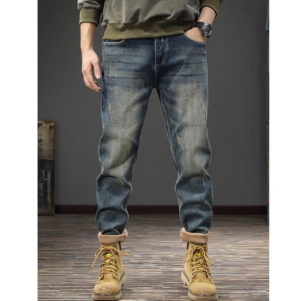 Brushed lining straight denim pants HL2308