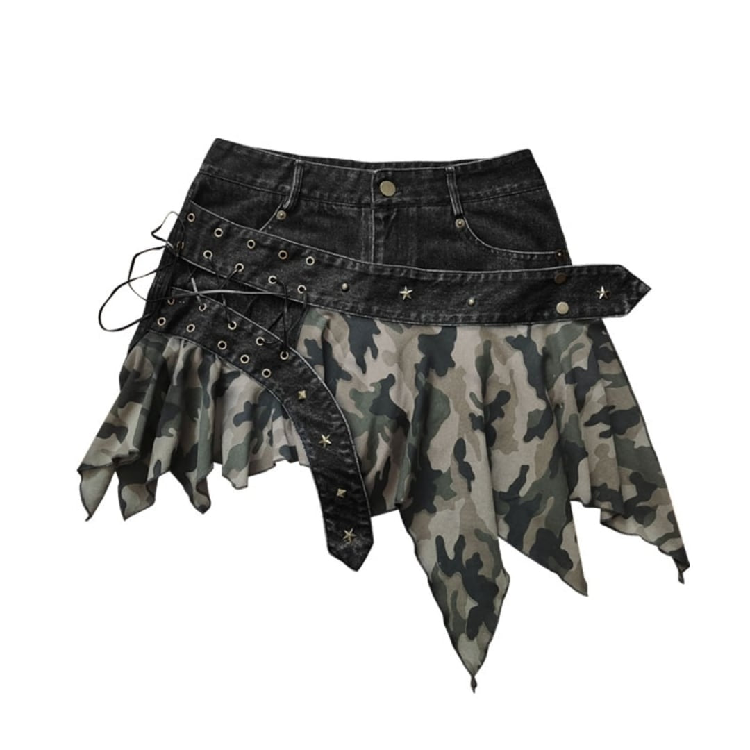 Irregular hem camouflage skirt E7031