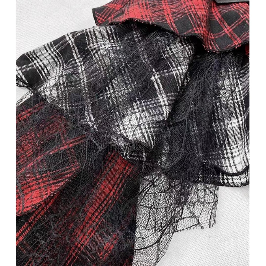 Asymmetric check skirt E7045