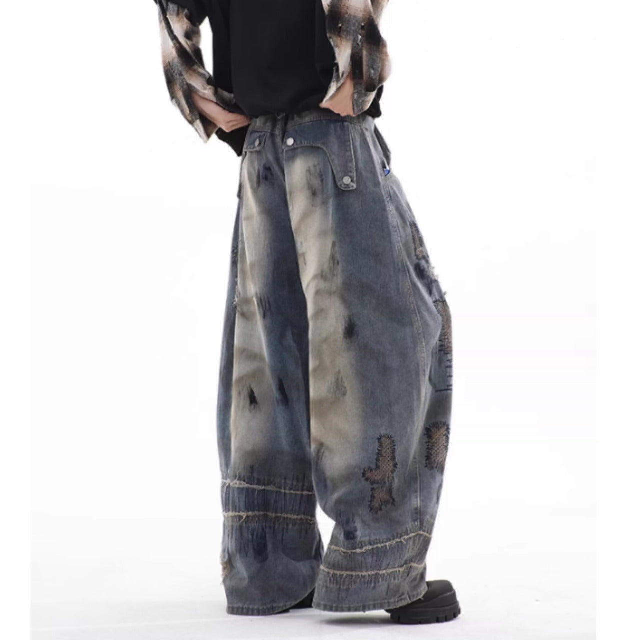 Random stitch wide denim jeans D0147