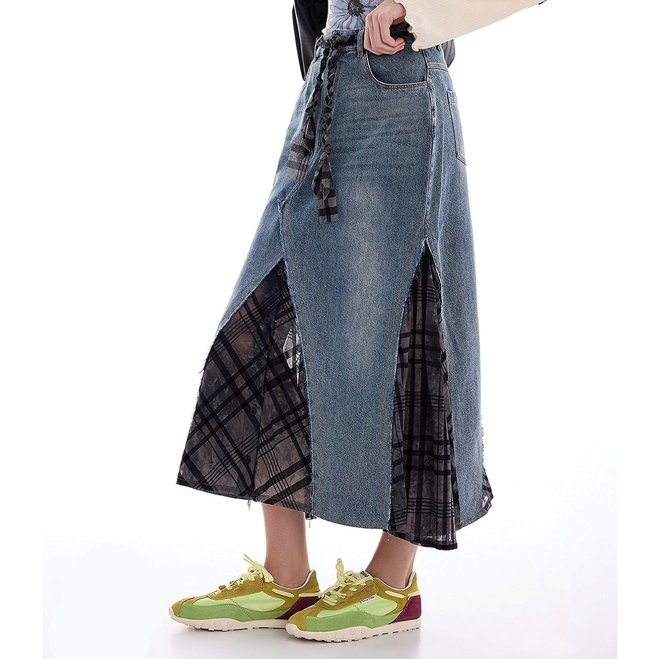 Denim & mesh long skirt D0155