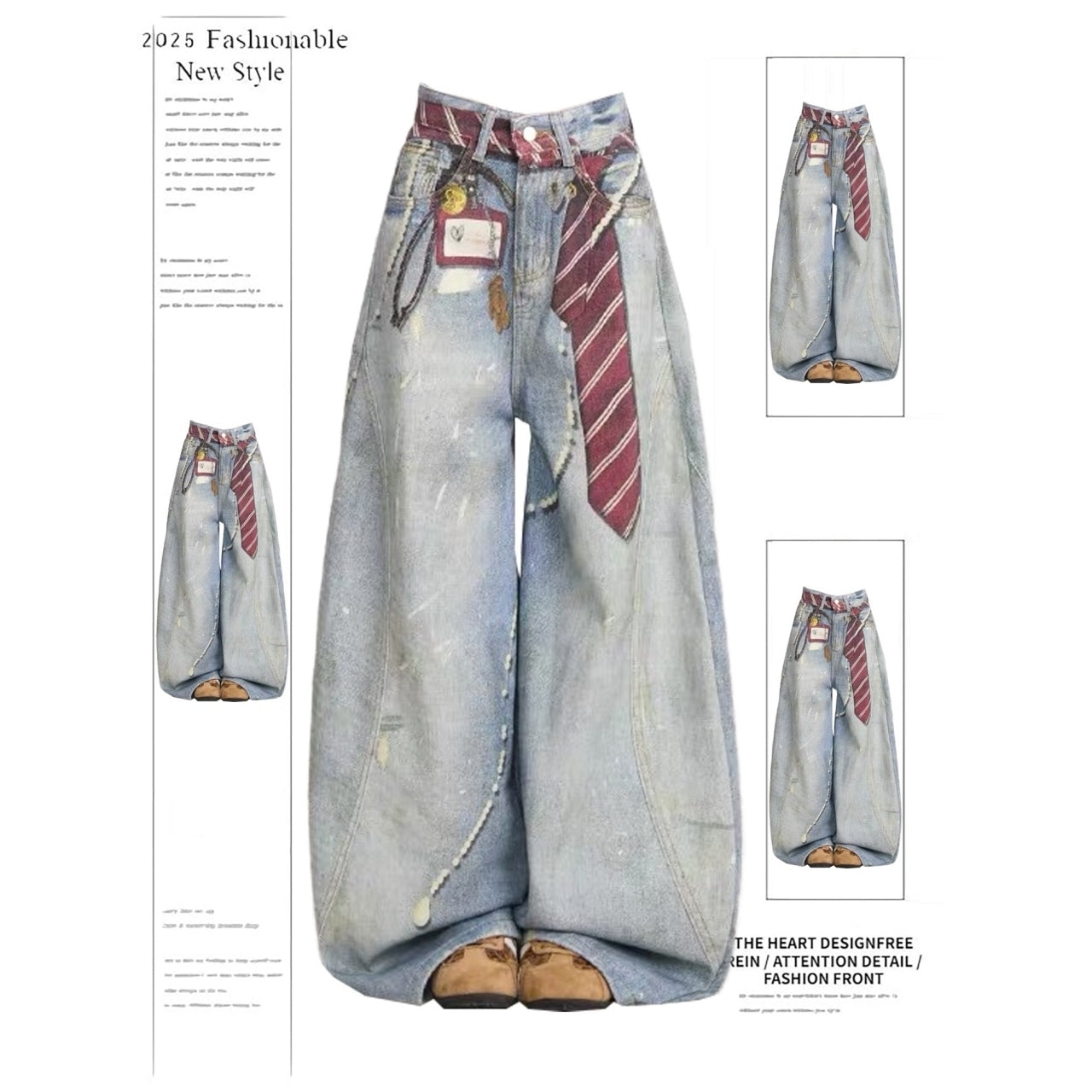 Tie pattern printed wide denim jeans D0178