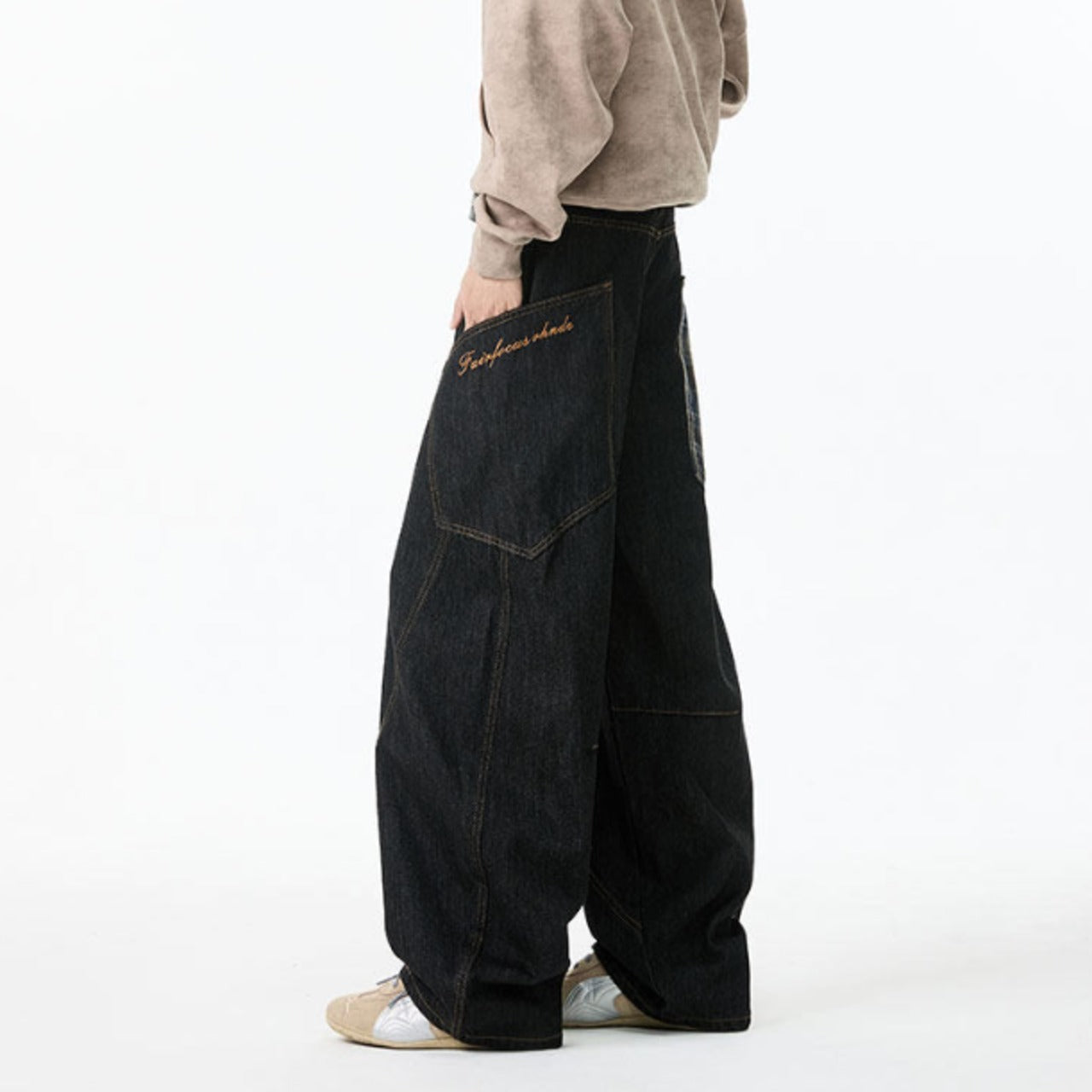 Plaid big pocket denim jeans D0188