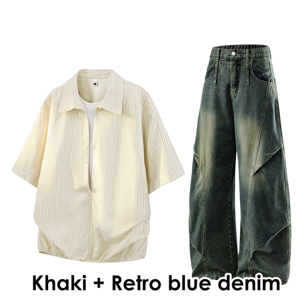 Striped short-sleeve shirt & denim pants D0219