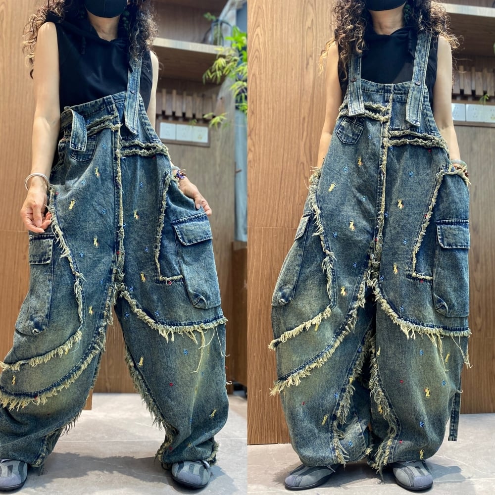 Fringed denim overalls D0248