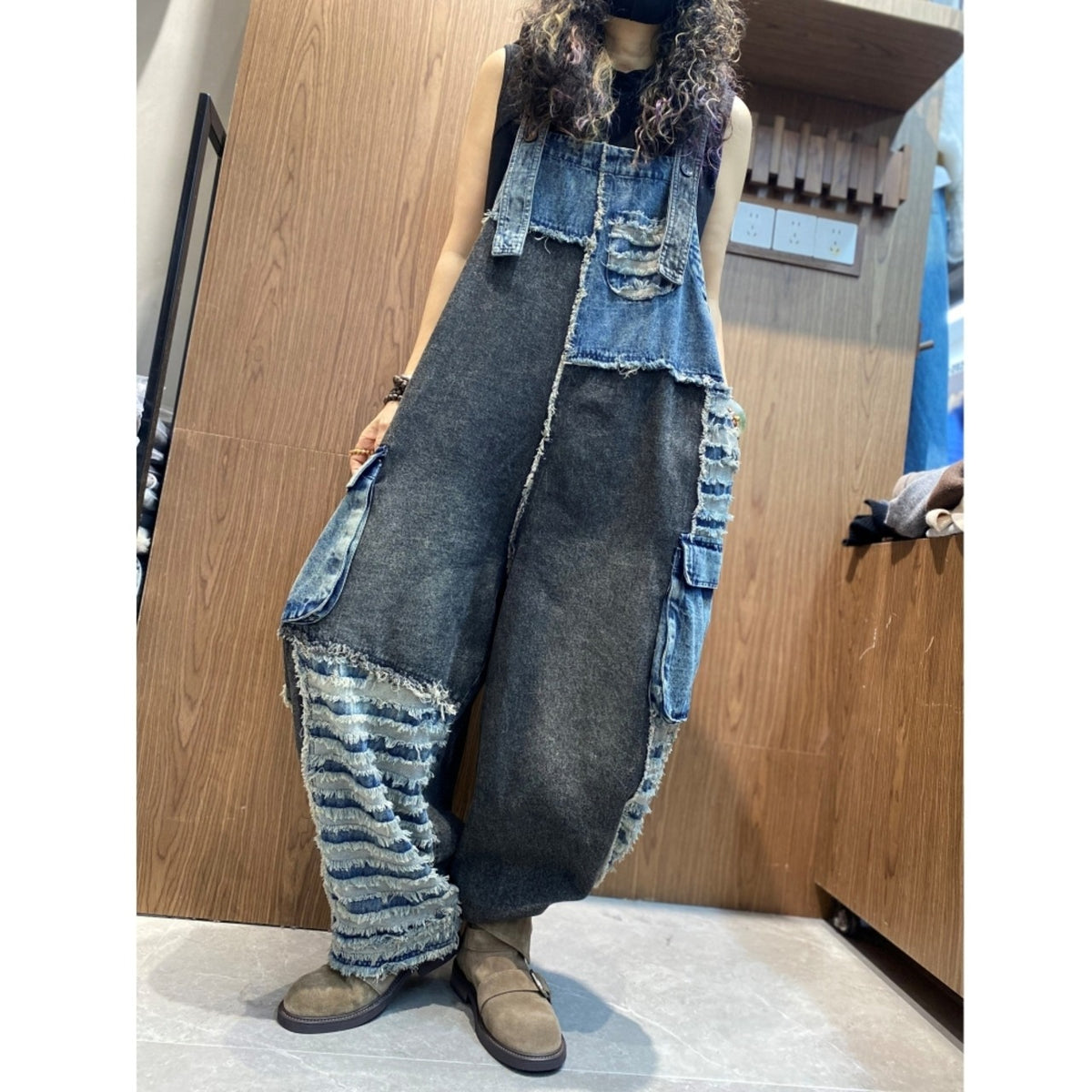 Patchwork denim overalls D0256