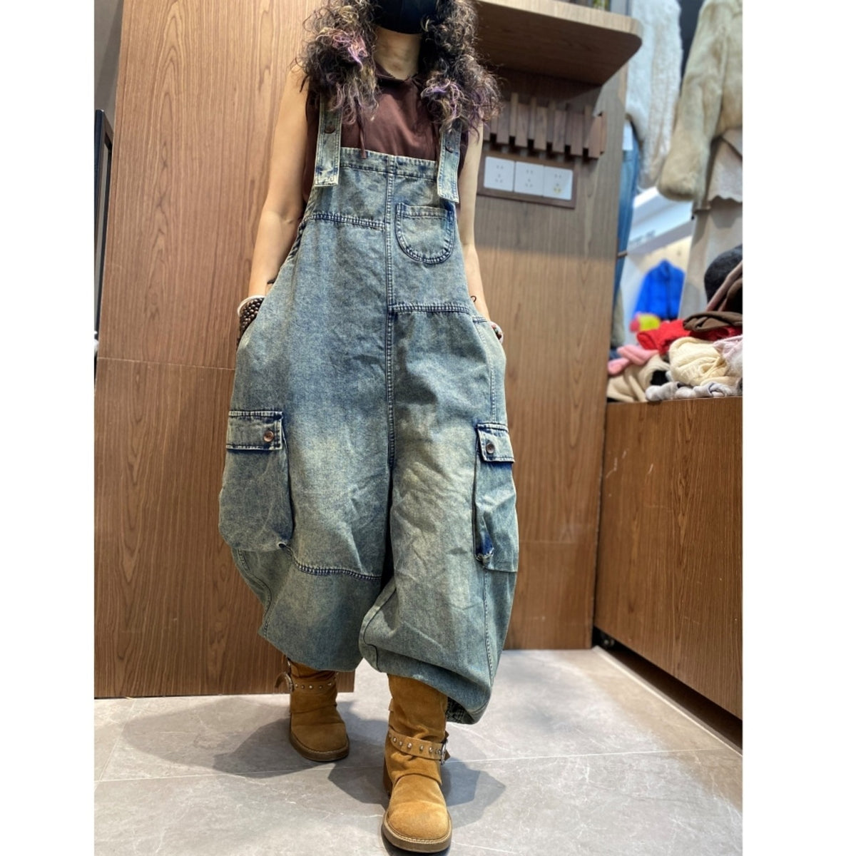 Wide-leg denim overalls D0257
