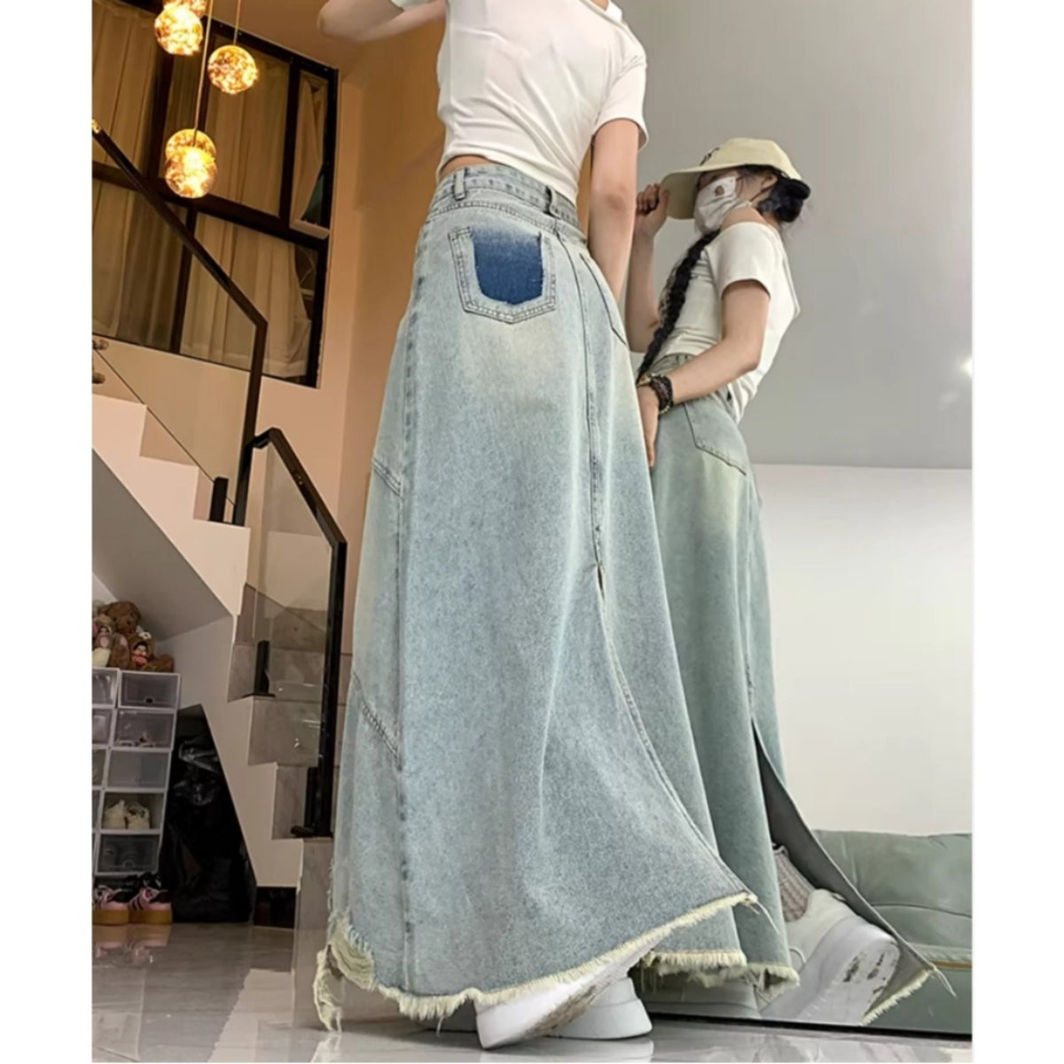 High-waisted long denim skirt D0313