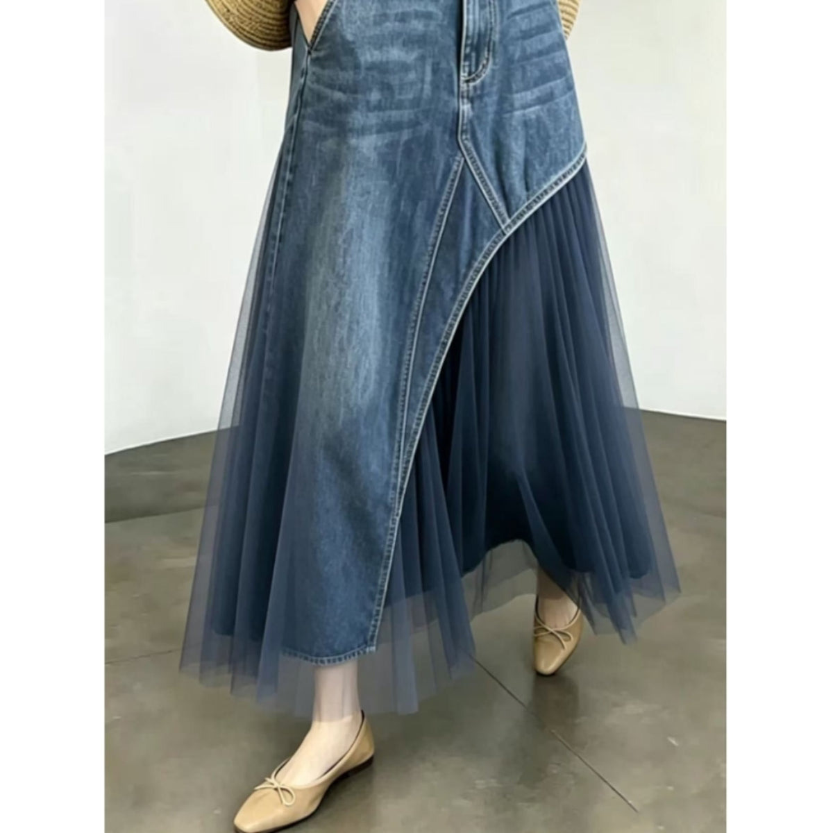 Denim & Mesh Long Skirt D0326