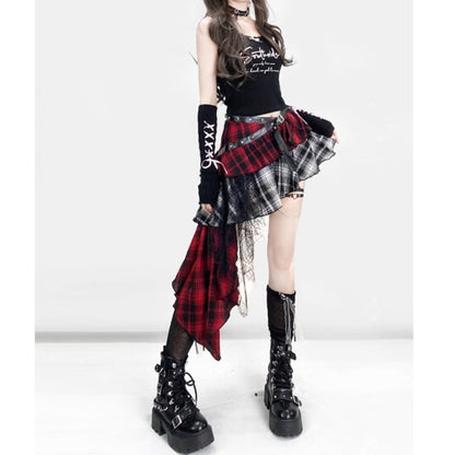 Asymmetric check skirt E7045