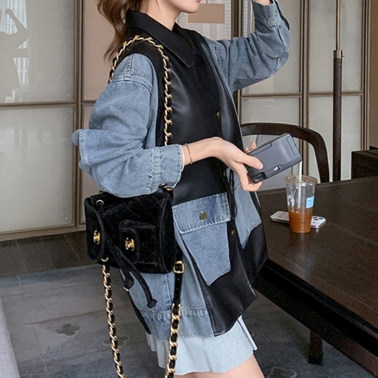 Different material mix denim jacket D0097