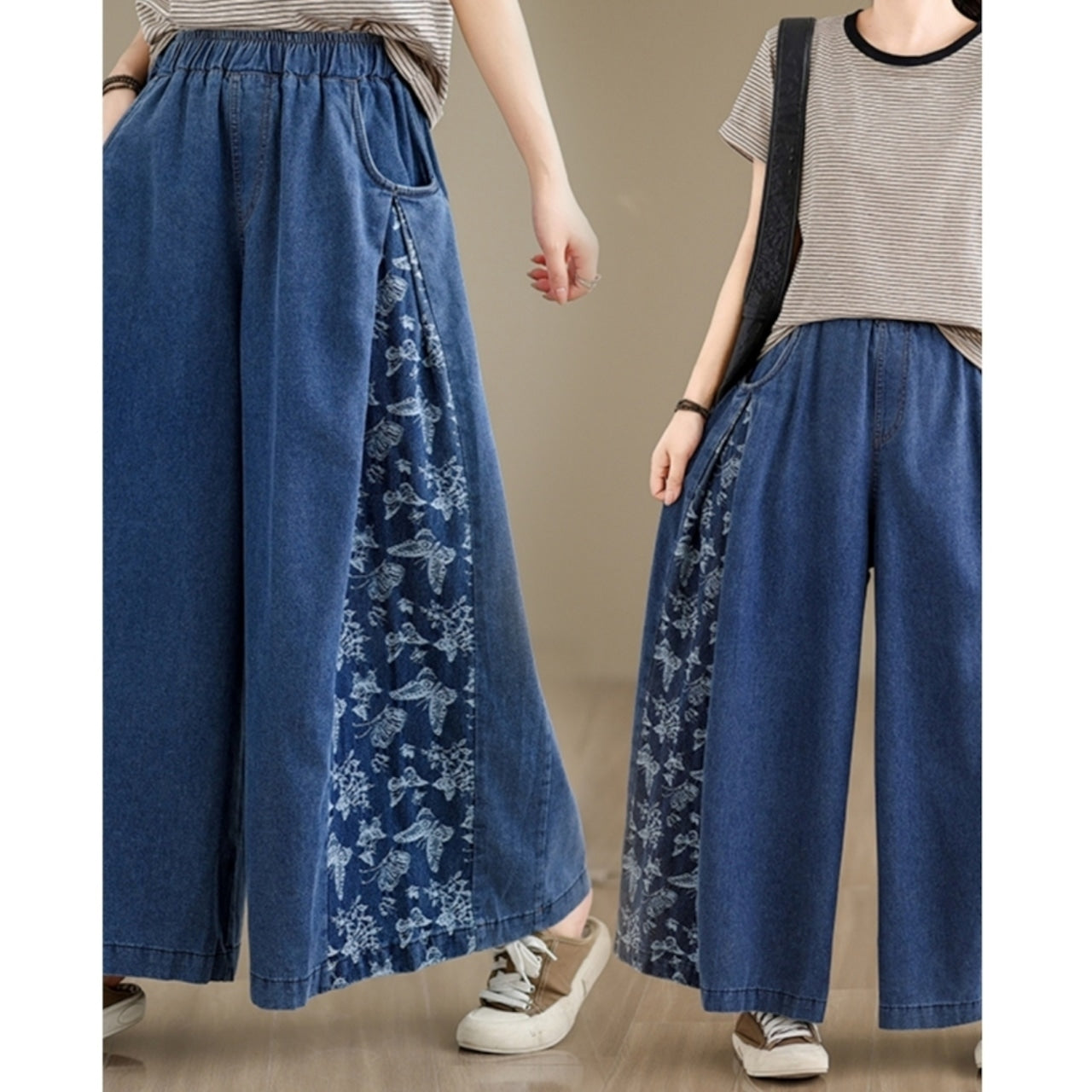 Butterfly Print Wide Denim Pants D0018
