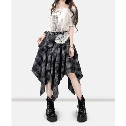 Irregular hem check skirt E7020