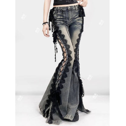 Side lace up flare denim jeans E7003