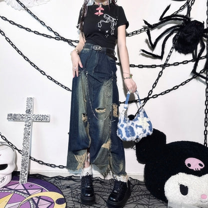 Safety pin design Denim skirt D0058