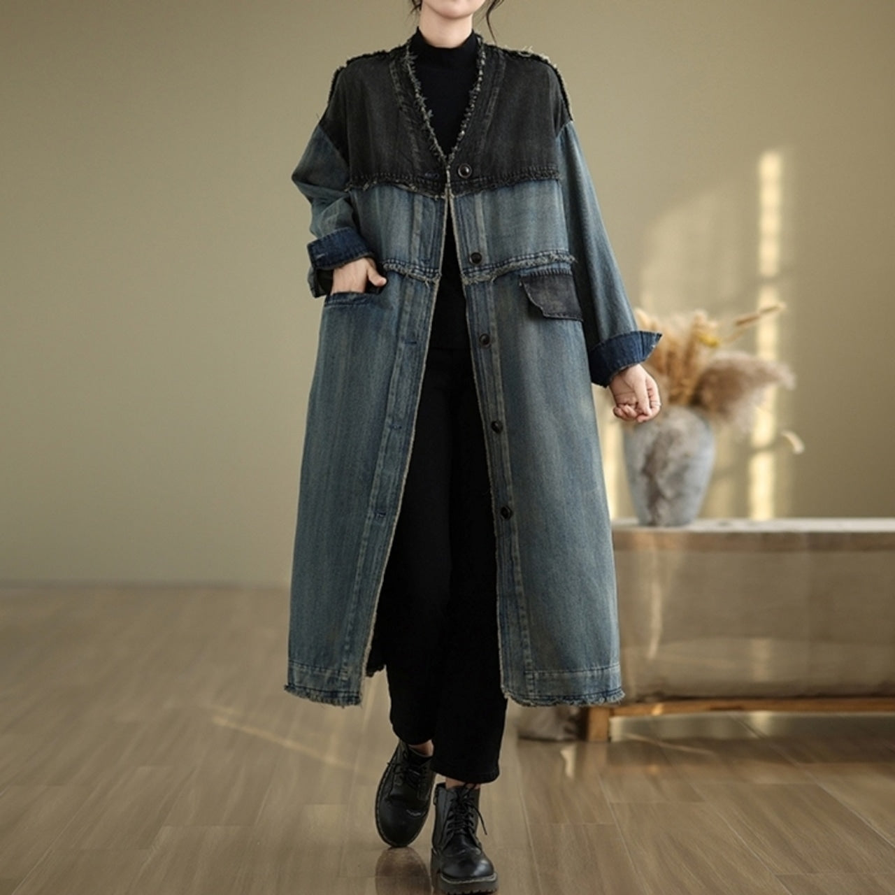 V neck denim coat D0068