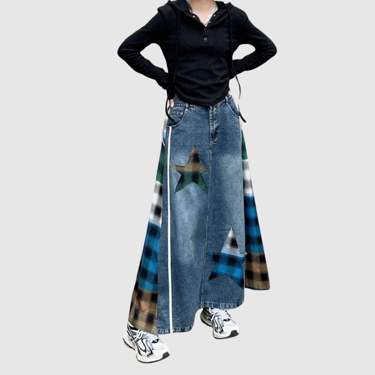 Check & Denim long skirt D0123