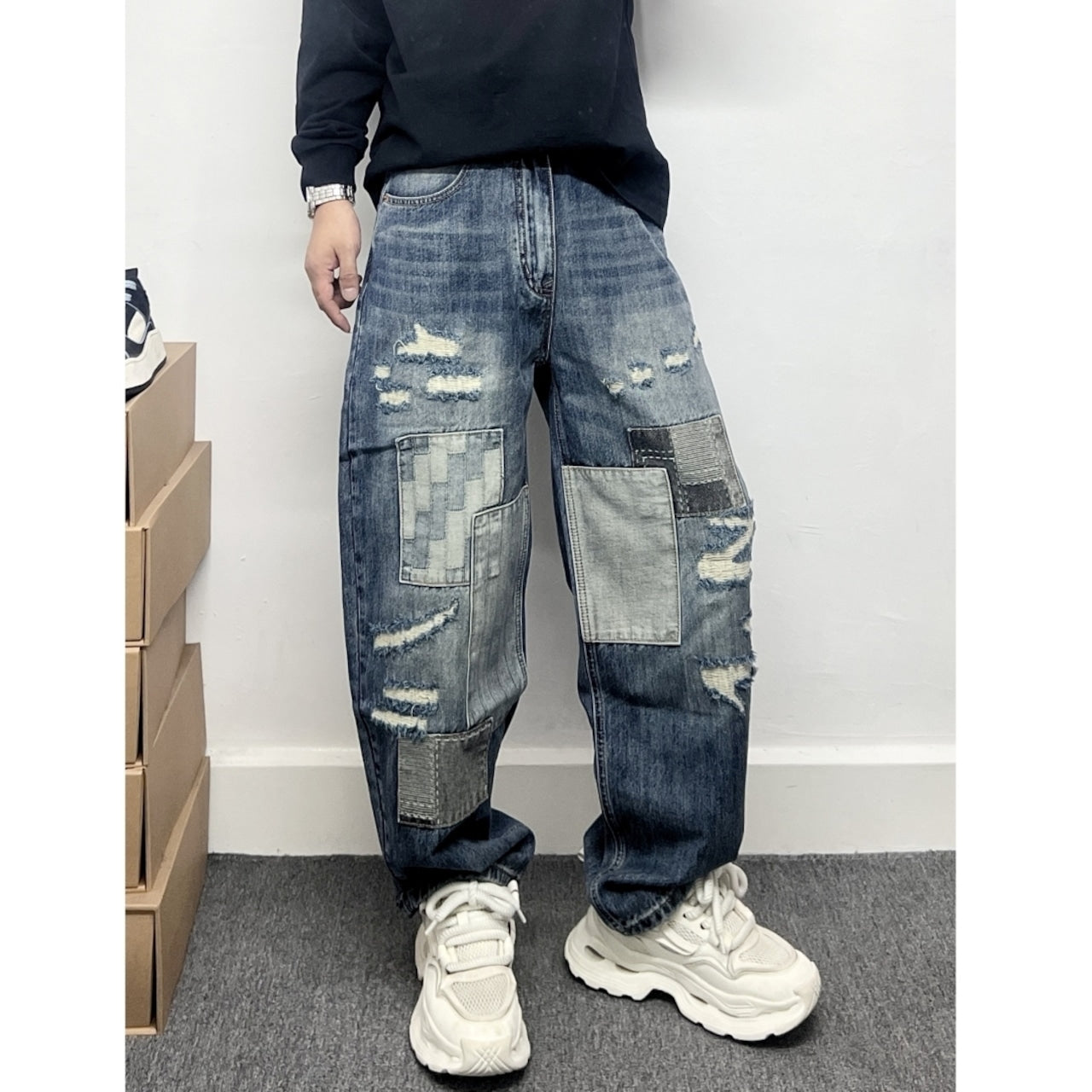 Damaged design denim jeans D0093