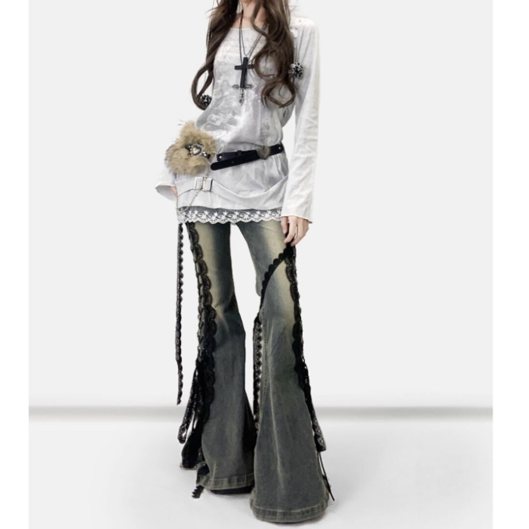 Side lace up flare denim jeans E7003