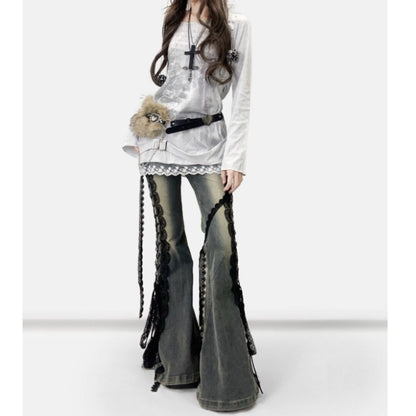 Side lace up flare denim jeans E7003