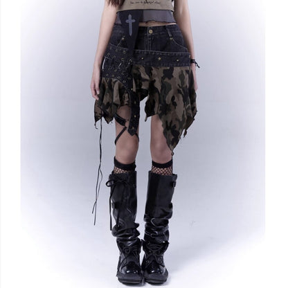Irregular hem camouflage skirt E7031