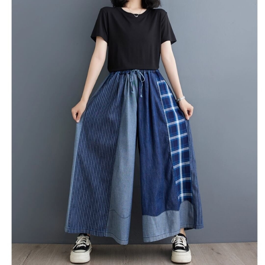 Patchwork wide denim pants D0019