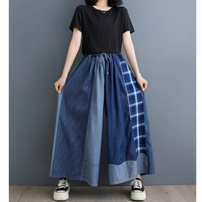 Patchwork wide denim pants D0019